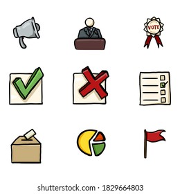 Vector Set of Color Hand Drawn Elections Icons. Politics Vote Pictograms.