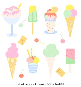 Vector set of color hand drawn sweets. Ice cream in waffle cones with different flavours, lollipop, sundae in scoop 