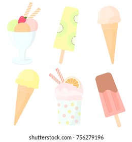 Vector set of color hand drawn sweets. Ice cream in waffle cones with different flavours, sundae scoop, yogurt pops, fruit ice