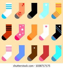 Vector set color icon socks on yellow background.