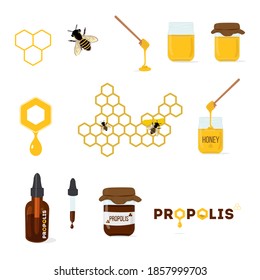 Vector set of color icons isolated on the white background. Propolis bottle dropper, honey dipper. Flat illustration.