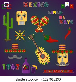 vector set of color illustrations of elements, icons, for design on the Mexican theme of Cinco de mayo celebration in the style of flat