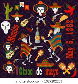 vector set of color illustrations of elements, icons, for design on the Mexican theme of Cinco de mayo celebration in the style of flat