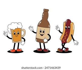 Vector set of color illustrations of retro mascot characters walking glass of beer, bottle and hot dog.  Stickers isolated on white background