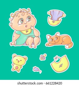 Vector set of color illustrations stickers of the surprised child and the kitten. Hygiene items, baby care and toys. The chubby curly puzzled kid with big eyes in bright clothes and red cat.