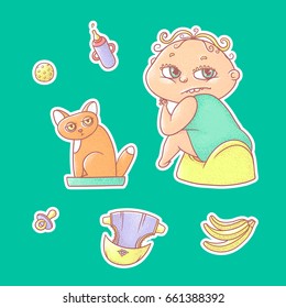 Vector set of color illustrations stickers child sitting on the pot and kitten in the cat litter. Baby bottle with water or milk, other care and food. The chubby curly kid with big eyes and red cat.