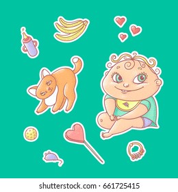 Vector set of color illustrations stickers joyful child and playful kitten. Baby bottle with water or milk, other food. The chubby funny curly kid with big eyes and red cat.