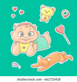 Vector set of color illustrations stickers smiling child and happy kitten. Baby toys and symbols of love. The chubby funny curly kid with big eyes and red cat.