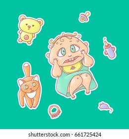 Vector set of color illustrations stickers of the scared child and the kitten. Hygiene items, baby care and toys. The chubby curly frightened kid with big eyes in bright clothes and red cat.