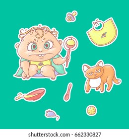 Vector set of color illustrations stickers angry child and terrible kitten. Baby food toys and hygiene items. The chubby curly frown kid and red cat.