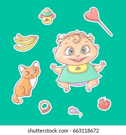 Vector set of color illustrations stickers joyful child and kitten. Baby bottle with water or milk, other food. The chubby funny curly kid with big eyes and red cat.