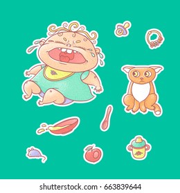 Vector set of color illustrations stickers crying child and scared kitten. Baby bottle with water or milk and a plate of porridge, other food. The chubby curly wailing kid and sad red cat.