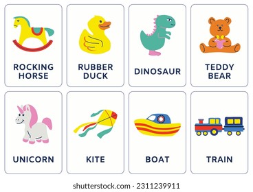Vector set of color illustrative toys flashcards. Color Flashcards edition. Color education for preschool education. Educational printable flashcards color. Vector illustration. 2