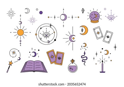 vector set of color isolated elements of magic and divination, esoteric symbols