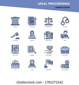 Vector set of color line icons of legal proceedings and law