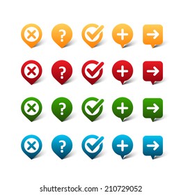 Vector set of color map pins with signs (cross, tick, add, okey, arrow, question mark)