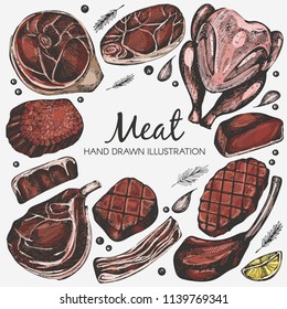 Vector set with color meat products on the white background. Hand drawn illustration.