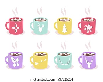 Vector set of color mugs with hot cocoa, marshmallow, winter holidays symbols, isolated on white background. Christmas and New Years design elements for cafe, coffee shop, greeting card, invitation.