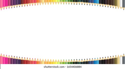 vector set of color pencils,crayons curve frame isolated on white background, illustration for backdrop, booklet, banner, design template. 
