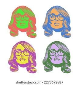 Vector set of color portraits of young pleasant beauty girls in glasses. White isolated background. Stickers of a lady with a beautiful hairstyle.