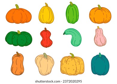 Vector set color pumpkins different form in cartoon flat style. Collection design various element for banner, icon, branding. Cute simple concept art. Health food or farm plant illustration.