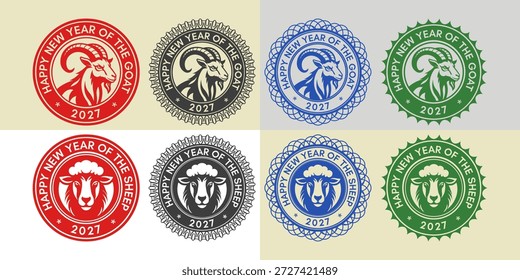 Vector conjunto de sellos redondos de color, iconos, pegatinas o insignias. Feliz año nuevo de la cabra u oveja. Símbolo del zodiaco chino. 2027. Horóscopo. Mascota animal