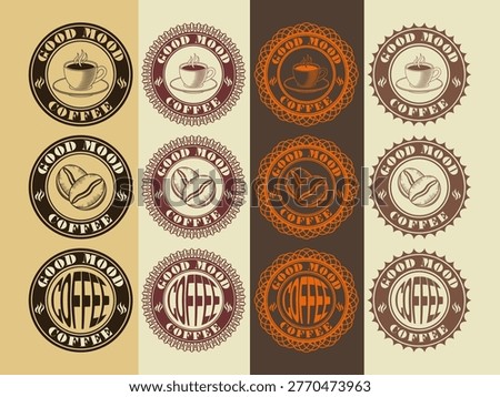 Vector set of color round seals, stickers or badges. Coffee beans, engraving cup and good mood. Collection icons or decals. Sip of pleasure