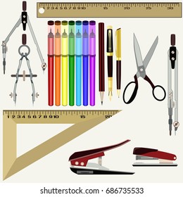 Vector set of color school and office supplies isolated on white background. Flat style design.