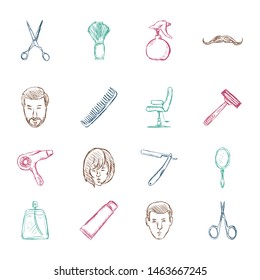Vector Set of Color Sketch Barber Shop Icons