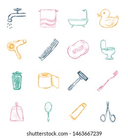 Vector Set of Color Sketch Bathroom and Hygiene Icons.