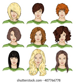 Vector Set of Color Sketch Different Women Hairstyles