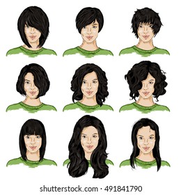 Vector Set of Color Sketch Different Women Hairstyles