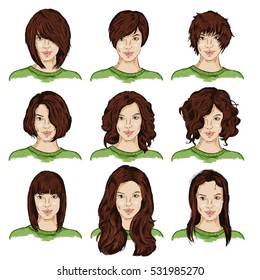 Vector Set of Color Sketch Different Women Hairstyles