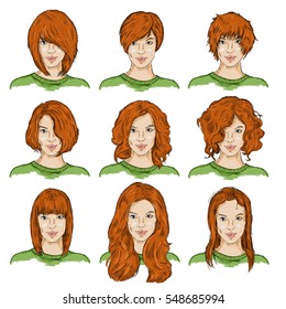 Vector Set of Color Sketch Different Women Hairstyles. Red Hair.