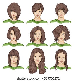 Vector Set of Color Sketch Different Women Hairstyles