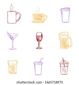 Vector Set of Color Sketch Drinks Icons.