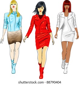 Vector set, color sketch of a fashion top model beautiful young caucasian, asian and african girls in a white, blue and red leather suits with a short skirts.