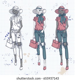 Vector set, color sketch of female model with cats head wearing T-shirt, flip flops, ripped jeans, bow, hat and bag on a notebook page.