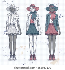 Vector set, color sketch of female model with cats head wearing pleated mini skirt, jacket, T-shirt, sneakers, hat and bow on a notebook page.