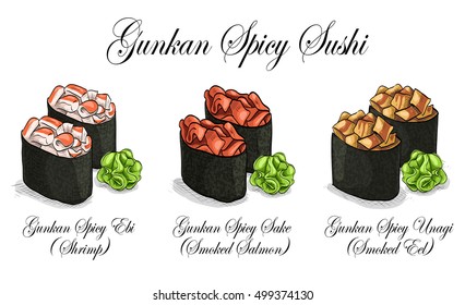 Vector set, color sketch, Gunkan Spisy Sushi