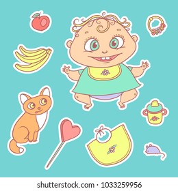 Vector set of color sketch illustrations stickers joyful child and kitten. Baby bottle with water or milk, other food. The flat chubby funny curly kid with big eyes and red cat