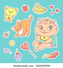 Vector set of color sketch illustrations stickers joyful child and playful kitten. Baby bottle with water or milk, other food. The flat chubby funny curly kid with big eyes and red cat