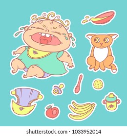 Vector set of color sketch illustrations stickers crying child and scared kitten. Baby bottle with water or milk and a plate of porridge, other food. The flat chubby curly wailing kid and sad red cat