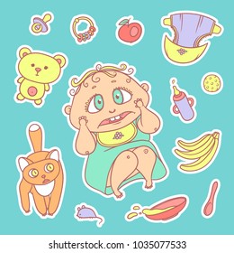 Vector set color sketch illustrations stickers of the scared child and the kitten. Hygiene items, baby care and toys. The flat chubby curly frightened kid with big eyes in bright clothes and red cat