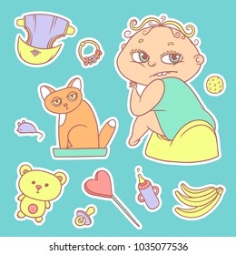 Vector set color sketch illustrations stickers child sitting on pot and kitten in the cat litter. Baby bottle with water or milk, other care and food. Flat chubby curly kid with big eyes and red cat