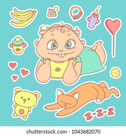 Vector set color sketch illustrations stickers joyful child and sleeping kitten. Baby bottle with water or milk, other food, hearts and sweets. Flat chubby funny curly kid with big eyes and red cat