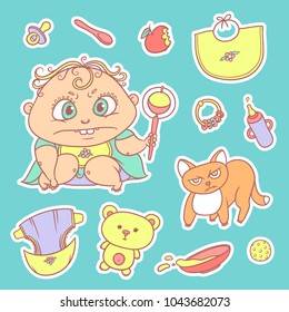 Vector set color sketch illustrations stickers of the angry child and the kitten. Hygiene items, baby care and toys. The flat chubby curly irate kid with big eyes in bright clothes and red cat