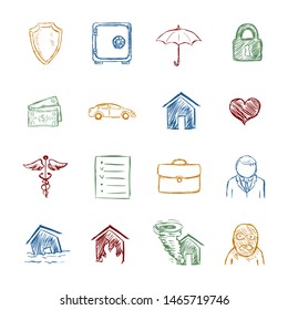 Iconos de seguro de esbozo de color para vectores