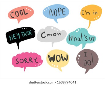 Vector set of color speech bubbles. Doodle hand draw like kids style in pastel color for use in business, chat, inbox, dialog, message, question, communication, talk, speak, sticker, balloon, thinking