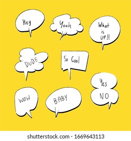 Vector set of color speech bubbles. Doodle hand draw like kids style in pastel color for use in business, chat, inbox, dialog, message, question, communication, talk, speak, sticker, balloon, thinking